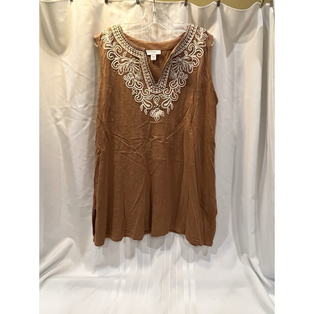 Womens Top-J. JILL-brown cotton knit embroidered tunic BOHO lagenlook-S